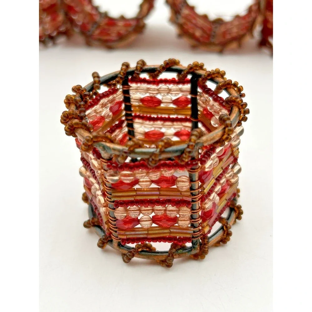 Pier 1 Set of 8 Moroccan Beaded Napkin Rings Red, Orange, and Amber Colored Bead